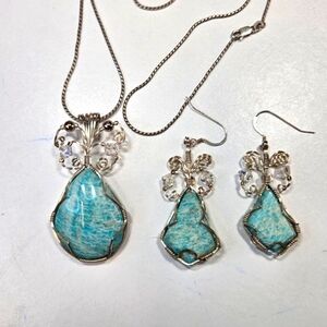 Blue Amazonite Gemstone Wire Wrapped Pendant Necklace and Earrings Set